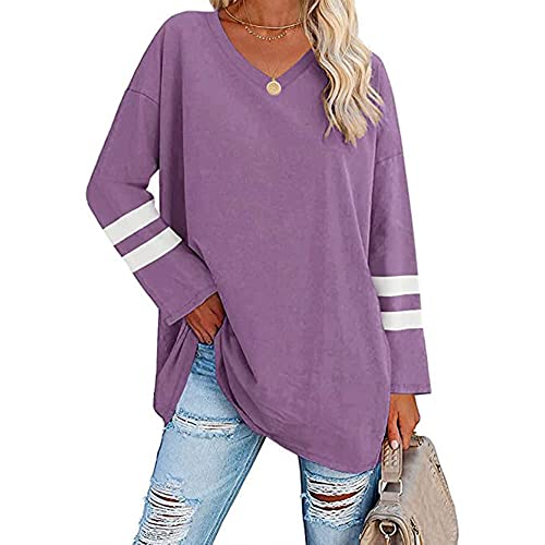 Voopptaw Damen Sommer Herbst Casual Rundhals Gestreift Langarm T-Shirt Damen Bequem Oversized Baseball T-Shirts Tunika Tops, #2 Violett, Small von Voopptaw