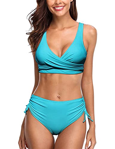 Voqeen Damen Bikini Set Cross Back Bikinioberteil High Waist Kordelzug Bikinihose Mode Strandbikini Badeanzüge von Voqeen