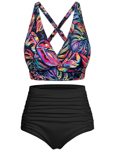 Voqeen Damen Bikini mit hoher Taille Push Up Badeanzug V Ausschnitt überkreuztes Geraffte Badebekleidung mit Bauchansatz Zweiteiliger Bademode von Voqeen