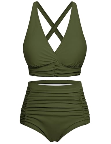 Voqeen Damen Bikini mit hoher Taille Push Up Badeanzug V Ausschnitt überkreuztes Geraffte Badebekleidung mit Bauchansatz Zweiteiliger Bademode von Voqeen