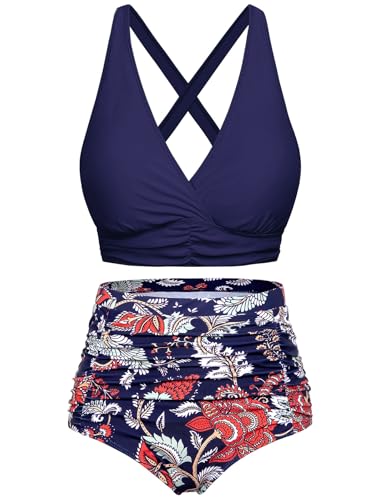 Voqeen Damen Bikini mit hoher Taille Push Up Badeanzug V Ausschnitt überkreuztes Geraffte Badebekleidung mit Bauchansatz Zweiteiliger Bademode von Voqeen