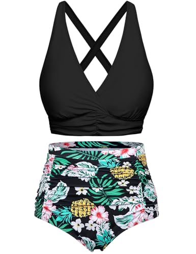 Voqeen Damen Bikini mit hoher Taille Push Up Badeanzug V Ausschnitt überkreuztes Geraffte Badebekleidung mit Bauchansatz Zweiteiliger Bademode von Voqeen