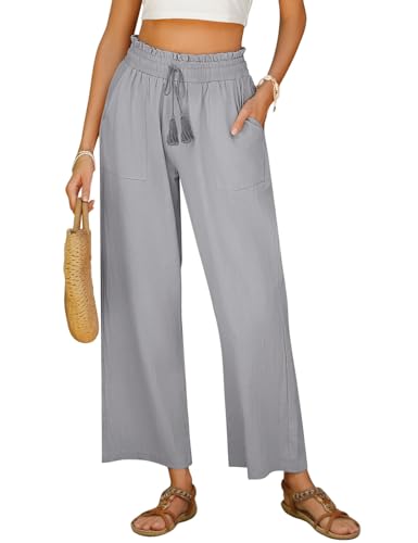 Voqeen Damen Freizeit Hose Sommerhose mit Kordelzug und Taschen Casual Weites Bein Bequeme Baumwolle Stoffhose Riemen mit Quasten High Waist Elegante Freizeithose von Voqeen