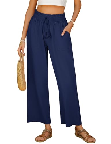 Voqeen Damen Freizeit Hose Sommerhose mit Kordelzug und Taschen Casual Weites Bein Bequeme Baumwolle Stoffhose Riemen mit Quasten High Waist Elegante Freizeithose von Voqeen