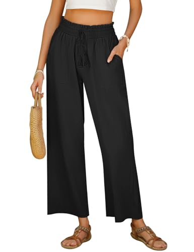 Voqeen Damen Freizeit Hose Sommerhose mit Kordelzug und Taschen Casual Weites Bein Bequeme Baumwolle Stoffhose Riemen mit Quasten High Waist Elegante Freizeithose von Voqeen