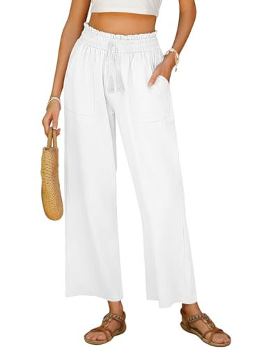 Voqeen Damen Freizeit Hose Sommerhose mit Kordelzug und Taschen Casual Weites Bein Bequeme Baumwolle Stoffhose Riemen mit Quasten High Waist Elegante Freizeithose von Voqeen