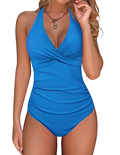 Voqeen Damen Neckholder V Ausschnitt Rückenfrei Einteilige Bademode One Piece High Waist Push up Badeanzug Bademode Tummy Control Strandmode Swimsuit von Voqeen