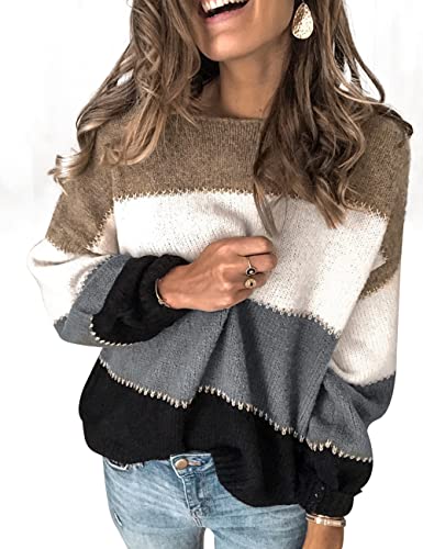 Voqeen Damen Pullover Langarm Rundhals Farbblock Pullover Streifen Patchwork Strickpullover Lose Pullover Tops Winter Color Block Oversize Sweater von Voqeen