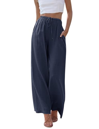 Voqeen Damen Sommer Leinenhose Casual Baumwolle Leinen Stoffhose Einfarbig Freizeithose High Waist Flowy weites Bein Strand Hose mit Taschen von Voqeen