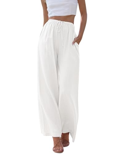 Voqeen Damen Sommer Leinenhose Casual Baumwolle Leinen Stoffhose Einfarbig Freizeithose High Waist Flowy weites Bein Strand Hose mit Taschen von Voqeen