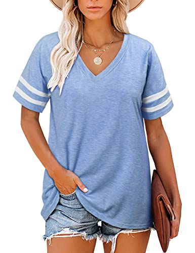 Voqeen Damen T-Shirt V-Ausschnitt Kurzarm Casual Tops Basic Sommer Lose Gestreifte Tops von Voqeen