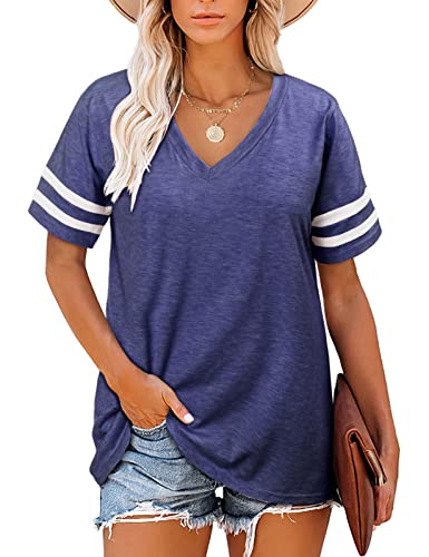 Voqeen Damen T-Shirt V-Ausschnitt Kurzarm Casual Tops Basic Sommer Lose Gestreifte Tops von Voqeen