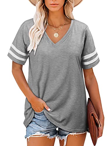 Voqeen Damen T-Shirt V-Ausschnitt Kurzarm Casual Tops Basic Sommer Lose Gestreifte Tops von Voqeen