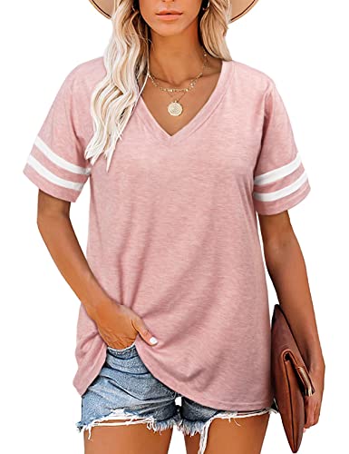 Voqeen Damen T-Shirt V-Ausschnitt Kurzarm Casual Tops Basic Sommer Lose Gestreifte Tops von Voqeen