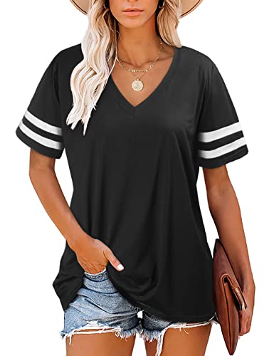 Voqeen Damen T-Shirt V-Ausschnitt Kurzarm Casual Tops Basic Sommer Lose Gestreifte Tops von Voqeen