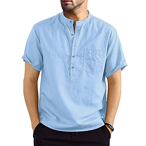 Voqeen Herren Baumwolle Leinenhemd Henley Hemd Sommerhemd Herren Regular Fit Freizeithemd Shirts Casual Kurzarmhemd Strandhemd Leicht Shirts von Voqeen