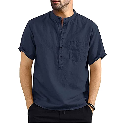 Voqeen Herren Baumwolle Leinenhemd Henley Hemd Sommerhemd Herren Regular Fit Freizeithemd Shirts Casual Kurzarmhemd Strandhemd Leicht Shirts von Voqeen