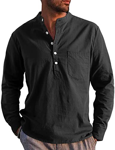 Voqeen Herren Baumwolle Leinenhemd Henley Shirt Herbst Winter Herren Hemd Regular Fit Freizeithemd Basic Shirt Casual Langarmshirt von Voqeen