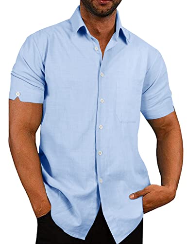 Voqeen Herren Hemd Baumwolle Freizeithemd Kurzarm Sommerhemd Regular Fit Casual Shirt, Blau, L von Voqeen