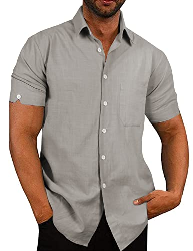 Voqeen Herren Hemd Baumwolle Freizeithemd Kurzarm Sommerhemd Regular Fit Casual Shirt, Grau, XXL von Voqeen