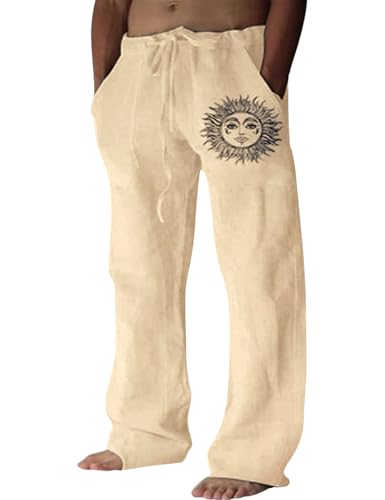 Voqeen Herren Leinenhose Leichte Sommer Strandhosen mit Kordelzug Gummizug Freizeithose mit Taschen Casual Leinen Stoffhose Lang Weite Pants Jogging Hosen von Voqeen