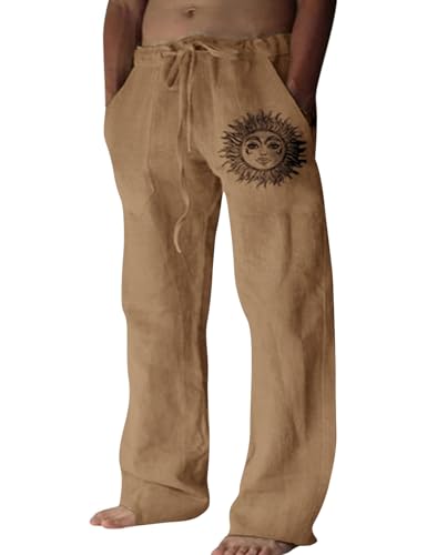 Voqeen Herren Leinenhose Leichte Sommer Strandhosen mit Kordelzug Gummizug Freizeithose mit Taschen Casual Leinen Stoffhose Lang Weite Pants Jogging Hosen von Voqeen