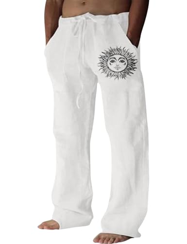 Voqeen Herren Leinenhose Leichte Sommer Strandhosen mit Kordelzug Gummizug Freizeithose mit Taschen Casual Leinen Stoffhose Lang Weite Pants Jogging Hosen von Voqeen