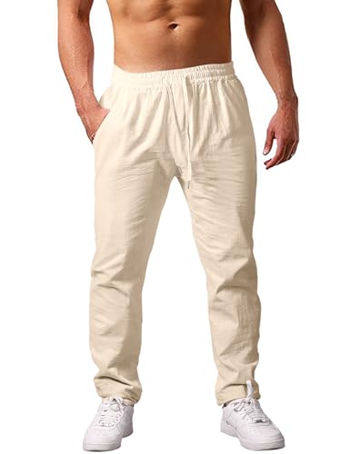 Voqeen Herrenhosen Loose Fit Leinenhose Herren Elastischer Kordelzug Taille Leinenanzug mit Taschen Leichte Freizeithosen mit geradem Bein für Männer von Voqeen