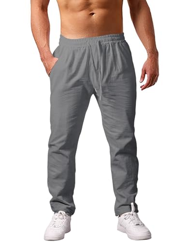 Voqeen Herrenhosen Loose Fit Leinenhose Herren Elastischer Kordelzug Taille Leinenanzug mit Taschen Leichte Freizeithosen mit geradem Bein für Männer von Voqeen