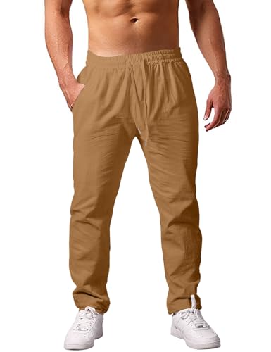 Voqeen Herrenhosen Loose Fit Leinenhose Herren Elastischer Kordelzug Taille Leinenanzug mit Taschen Leichte Freizeithosen mit geradem Bein für Männer von Voqeen