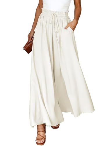 Voqeen Hose Damen Sommer Leicht Lässige Palazzo Weite Hose Freizeithose Elegante Einfarbig Marlenehose Schlaghose Breites Bein Hose mit Hohe Taille Elastisch Taschen Kordelzug von Voqeen