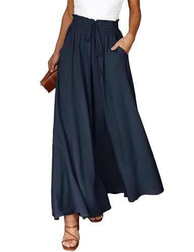 Voqeen Hose Damen Sommer Leicht Lässige Palazzo Weite Hose Freizeithose Elegante Einfarbig Marlenehose Schlaghose Breites Bein Hose mit Hohe Taille Elastisch Taschen Kordelzug von Voqeen