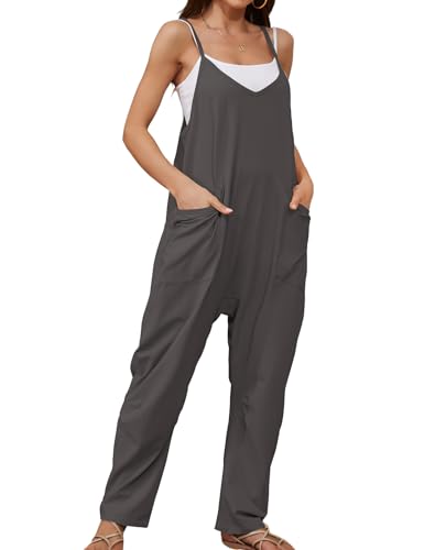 Voqeen Jumpsuit Damen Latzhose Arbeitshose Sommer Locker Trägerhose Overalls Ärmellose Spaghetti Strap Strampler mit Große Taschen von Voqeen