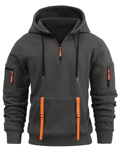 Voqeen Kapuzenpullover Herren Quarter Zip Drawstring Fleece Hoodie Langarm Causal Sweatshirt mit Reißverschluss Loose Fit 1/4 Zip Sport Trainingsanzug Top mit Känguru-Taschen von Voqeen