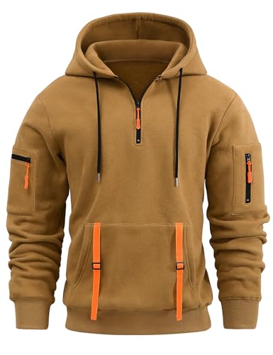 Voqeen Kapuzenpullover Herren Quarter Zip Drawstring Fleece Hoodie Langarm Causal Sweatshirt mit Reißverschluss Loose Fit 1/4 Zip Sport Trainingsanzug Top mit Känguru-Taschen von Voqeen