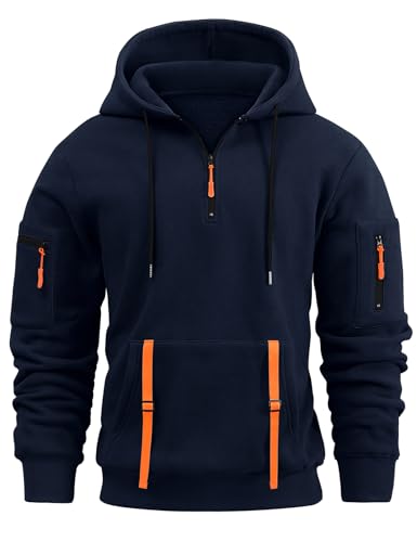 Voqeen Kapuzenpullover Herren Quarter Zip Drawstring Fleece Hoodie Langarm Causal Sweatshirt mit Reißverschluss Loose Fit 1/4 Zip Sport Trainingsanzug Top mit Känguru-Taschen von Voqeen