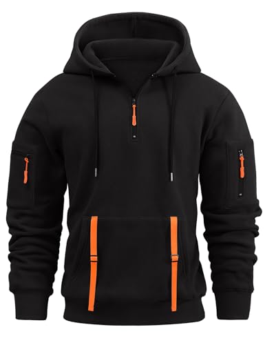 Voqeen Kapuzenpullover Herren Quarter Zip Drawstring Fleece Hoodie Langarm Causal Sweatshirt mit Reißverschluss Loose Fit 1/4 Zip Sport Trainingsanzug Top mit Känguru-Taschen von Voqeen