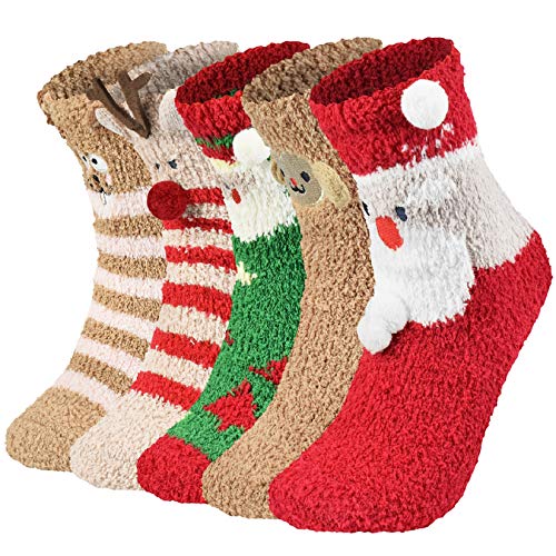 Voqeen Kuschelsocken Flauschig Socken Weihnachten Socken Lustige Socken Warme Wintersocken Damen Herren Niedlich Muster Geburtstage Weihnachten Geschenk Bettsocken Haussocken 5 Paare von Voqeen