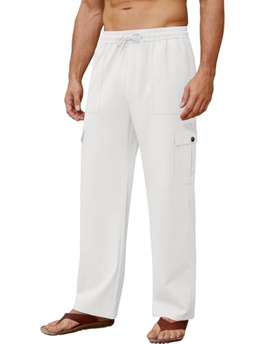 Voqeen Leinenhose Herren Relaxed Fit Lässige Sommerhose Herren Elastische Taille Freizeithose mit Cargo Pockets Leichte Linen Pants Straight-Legs Cargohose von Voqeen