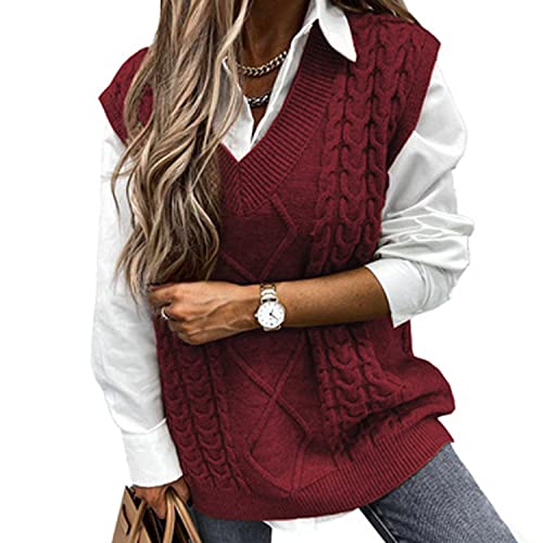 Voqeen Pullover Ärmellos Damen Pullunder Weste Pullunder V-Ausschnitt Pullover Strickweste Winter Herbst Sweater Vest (Weinrot, XL) von Voqeen