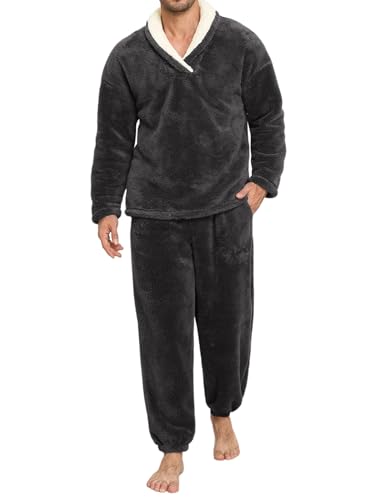 Voqeen Schlafanzug Herren Flauschig Winter 2 Stück Pyjama Herren Sets Weiches Fleece Warm Lose Schlafanzüge Gemütlich Langarm Hausanzug Für Zuhause von Voqeen