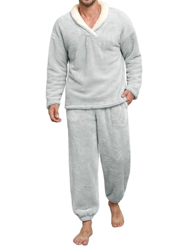 Voqeen Schlafanzug Herren Flauschig Winter 2 Stück Pyjama Herren Sets Weiches Fleece Warm Lose Schlafanzüge Gemütlich Langarm Hausanzug Für Zuhause von Voqeen