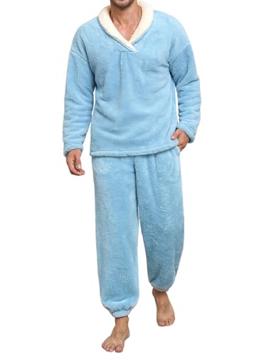 Voqeen Schlafanzug Herren Flauschig Winter 2 Stück Pyjama Herren Sets Weiches Fleece Warm Lose Schlafanzüge Gemütlich Langarm Hausanzug Für Zuhause von Voqeen