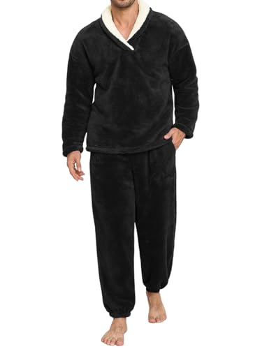 Voqeen Schlafanzug Herren Flauschig Winter 2 Stück Pyjama Herren Sets Weiches Fleece Warm Lose Schlafanzüge Gemütlich Langarm Hausanzug Für Zuhause von Voqeen