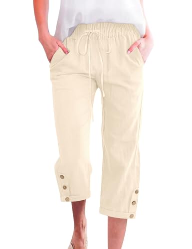 Voqeen Sommer Hosen Damen Leicht 3/4 Caprihose Baumwolle Sommerhose mit Elastische Taille Kordelzug Atmungsaktiv Stoffhose mit Taschen Bequem Arbeit Freizeithose von Voqeen
