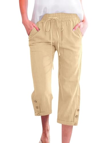 Voqeen Sommer Hosen Damen Leicht 3/4 Caprihose Baumwolle Sommerhose mit Elastische Taille Kordelzug Atmungsaktiv Stoffhose mit Taschen Bequem Arbeit Freizeithose von Voqeen