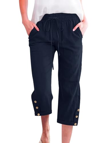 Voqeen Sommer Hosen Damen Leicht 3/4 Caprihose Baumwolle Sommerhose mit Elastische Taille Kordelzug Atmungsaktiv Stoffhose mit Taschen Bequem Arbeit Freizeithose von Voqeen