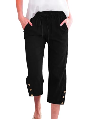 Voqeen Sommer Hosen Damen Leicht 3/4 Caprihose Baumwolle Sommerhose mit Elastische Taille Kordelzug Atmungsaktiv Stoffhose mit Taschen Bequem Arbeit Freizeithose von Voqeen