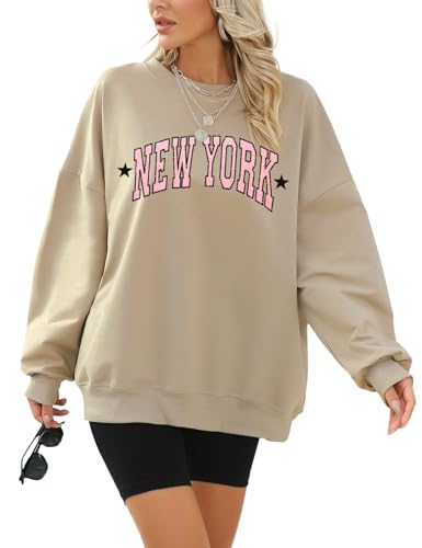 Voqeen Sweatshirt Damen Oversize New York Y2k Langarmshirt Damen mit Kapuze Rundhals Pullover Casual Tops von Voqeen