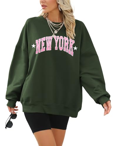Voqeen Sweatshirt Damen Oversize New York Y2k Langarmshirt Damen mit Kapuze Rundhals Pullover Casual Tops von Voqeen